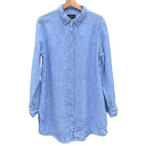 Tahari M 100% Linen Classic Blue Textured Longline Oversized Long Slv Buttondown